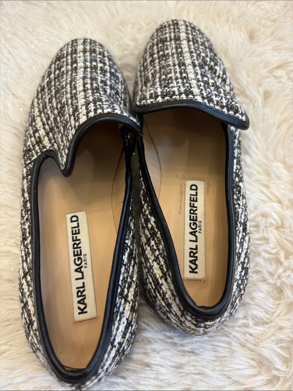 Karl Lagerfeld Black & White Tweed Slip-On Loafers with Black Trim